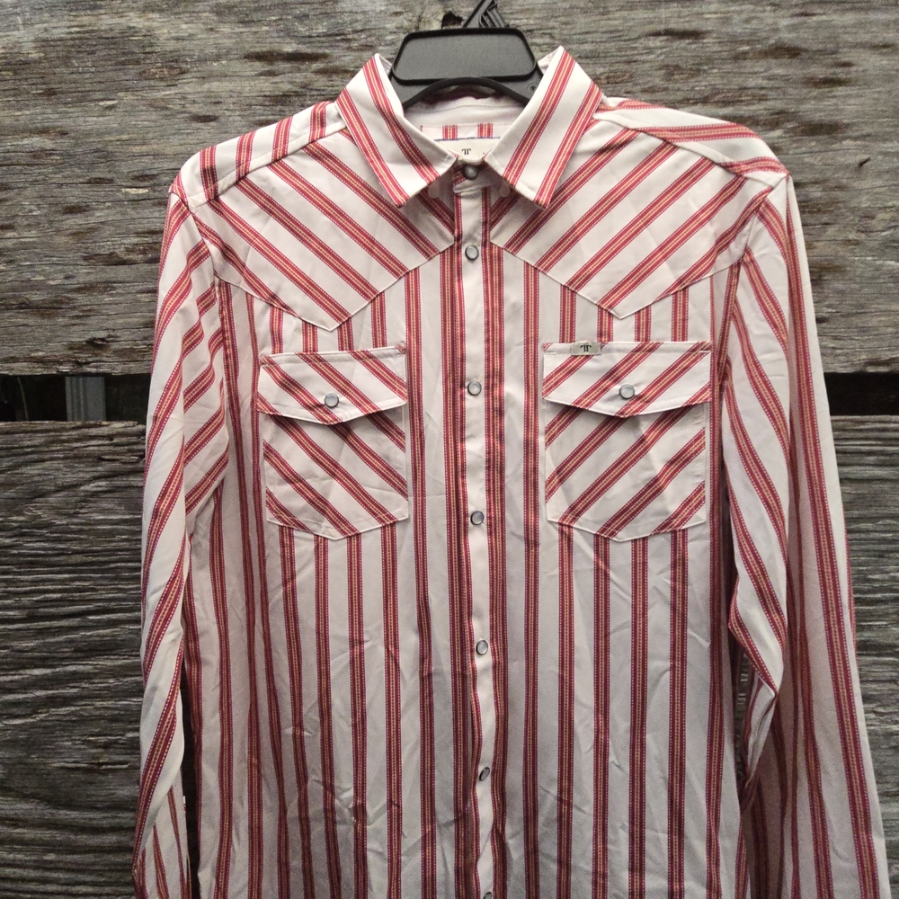 Ferrell Brands Inc Mens L Red and White Striped Western Vented Pearl Snap Shirt